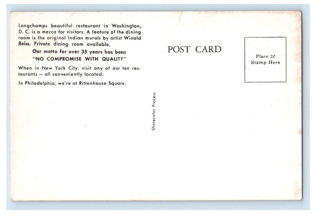c1950's View of Dining Room, Restaurant Longchamps Washington DC Postcard
