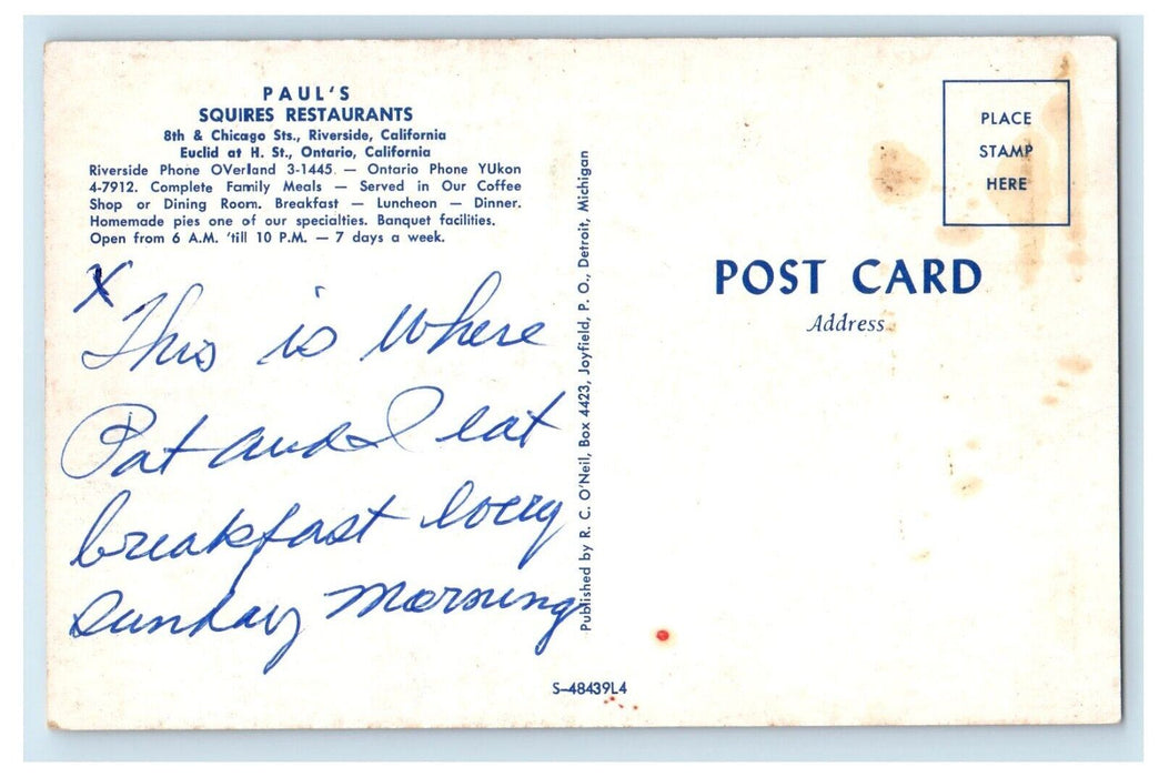 c1960's Pauls Squires Restaurants Chicago Riverside Ontario California Postcard