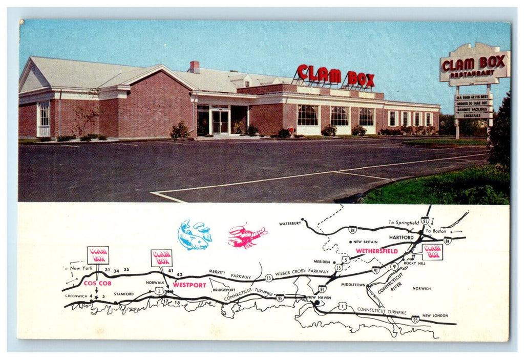 c1950's Clam Box Restaurant Front and Map View, Wethersfield CT Vintage Postcard