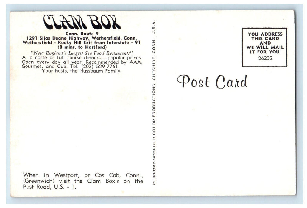 c1950's Clam Box Restaurant Front and Map View, Wethersfield CT Vintage Postcard