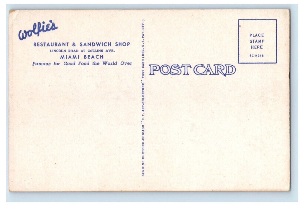 c1950's Cub Dining Room Wolfie's Restaurant & Sandwich Shop Florida FL Postcard