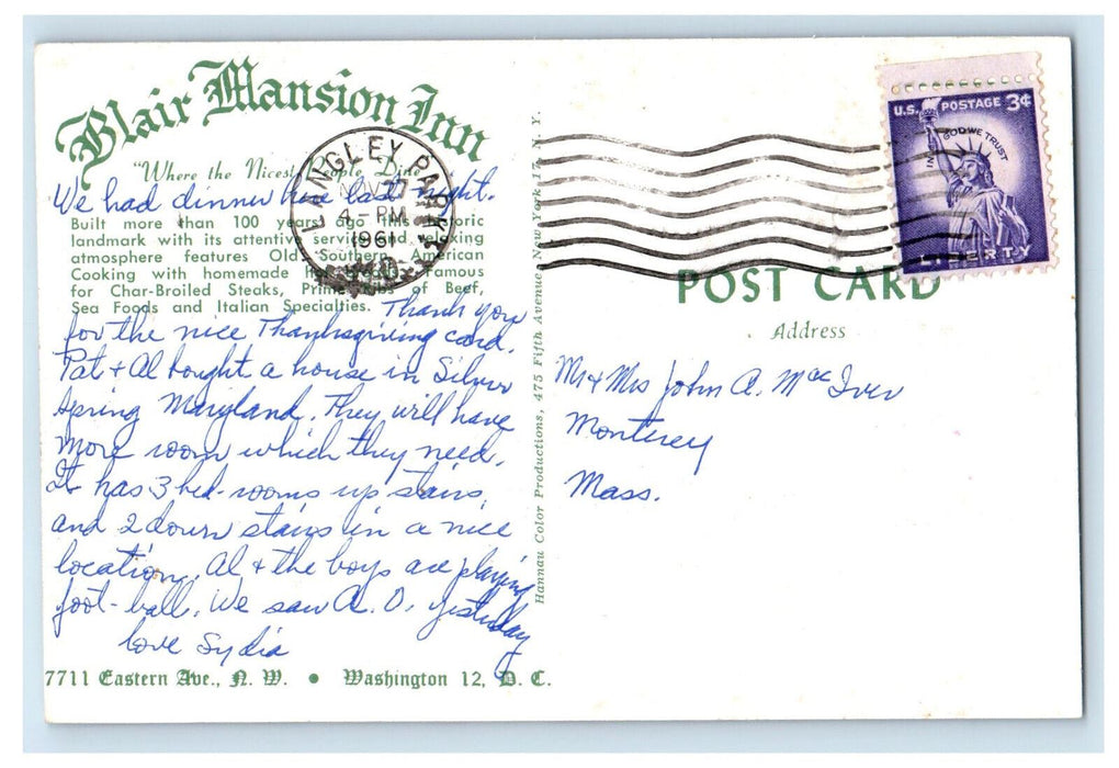 1961 Blair Mansion Inn Eastern Ave. Northwestern Washington DC Postcard