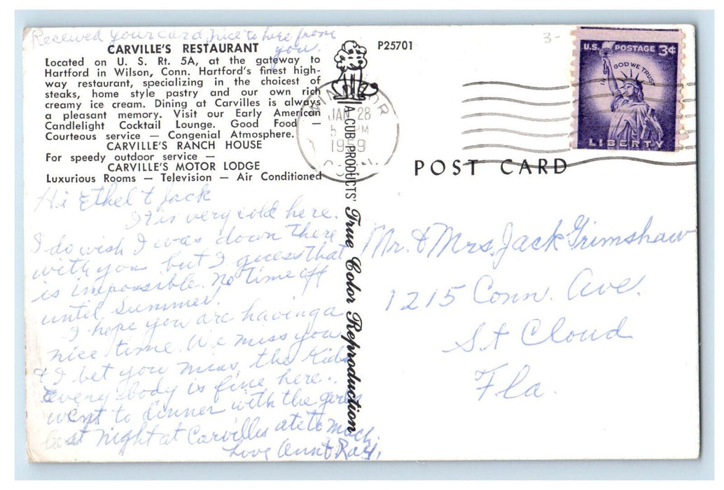 1959 Carville's Restaurant, Motor Lodge, Ranch House Wilson, CT Postcard