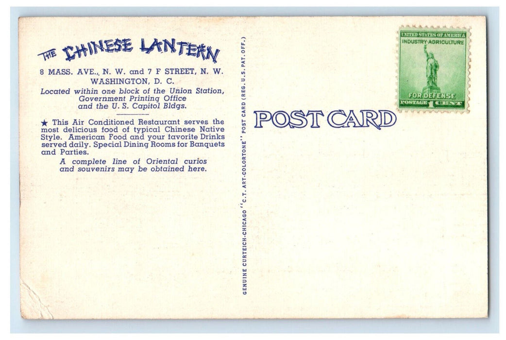 c1950's The Chinese Lantern Native Style Cafe Washington DC Unposted Postcard