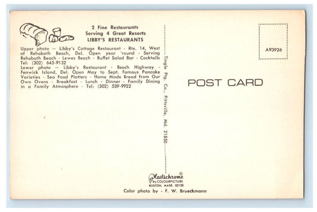 c1950's Libby's Cottage Restaurant on Top, Libby's Restaurant Lower DE Postcard