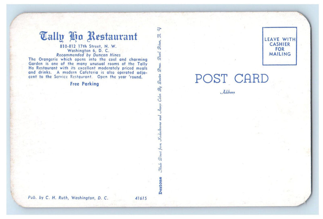 c1960's Dining Area, Tally Ho Restaurant 17th Street N.W. Washington DC Postcard