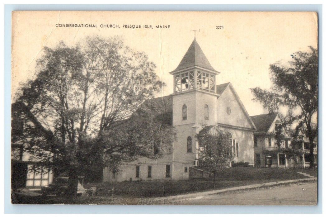 1951 Congregational Church Street View Presque Isle Maine ME Antique Postcard