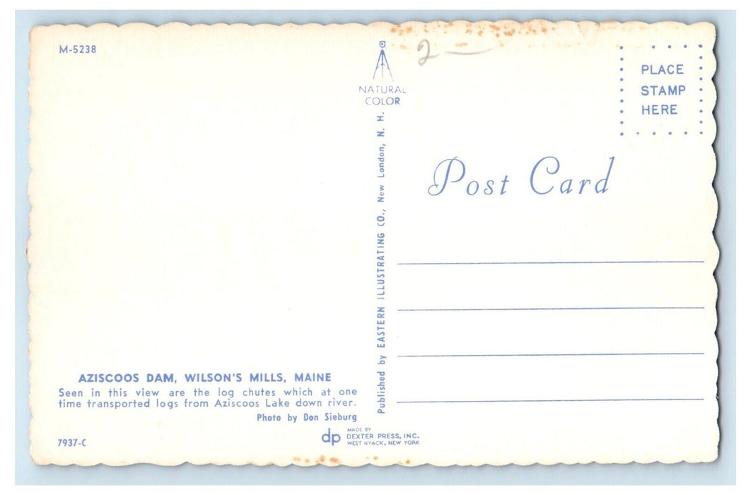 c1960's Aziscoos Dam Bridge Wilson's Mills Maine ME Unposted Vintage Postcard