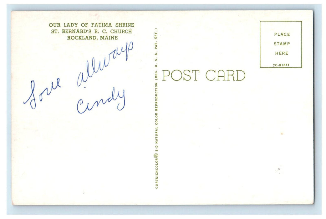 c1950's Our Lady of Fatima Shrine St. Bernard's RC Church Rockland ME Postcard