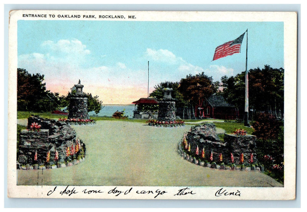 c1930's American Flag, Entrance to Oakland Park Rockland Maine ME Postcard