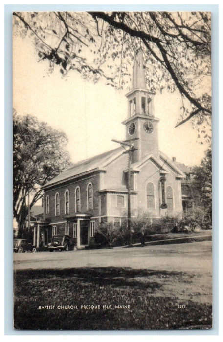 c1910's Baptist Church Cars Tower Clock Presque Isle Maine ME Antique Postcard
