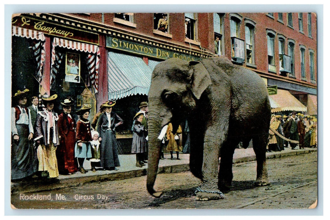 1908 Elephant Parade, Circus Day, Rockland Maine ME Bernardston MA Postcard