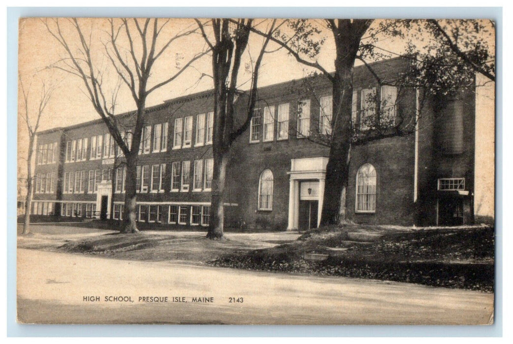 1953 High School Building Scene Street Presque Isle Maine ME Vintage Postcard
