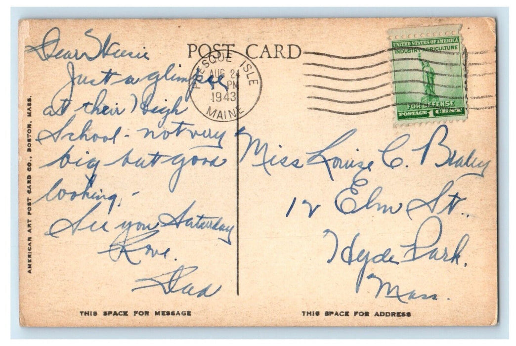 1953 High School Building Scene Street Presque Isle Maine ME Vintage Postcard