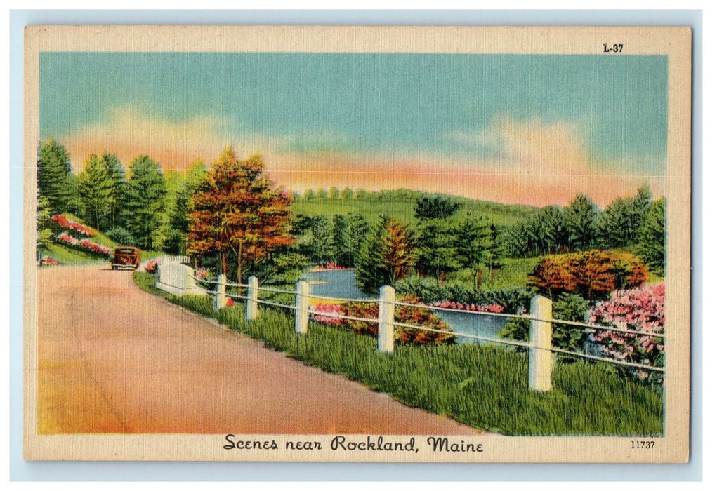 c1940's Car and Road Scene Near Rockland Maine ME Vintage Unposted Postcard