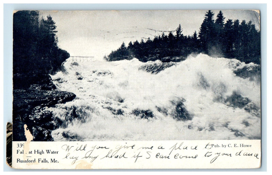 1908 Falls at High Water Rumford Falls Maine ME C.E. Howe Antique Postcard