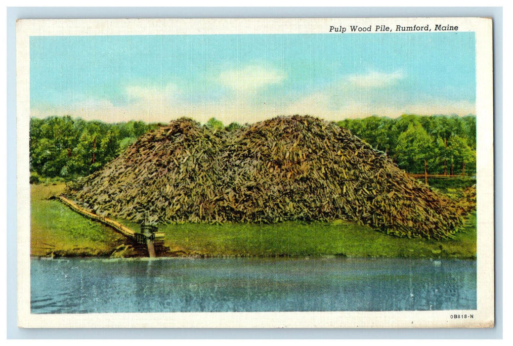 c1930's Pulp Wood Pile, River Scene Rumford Maine ME Unposted Postcard