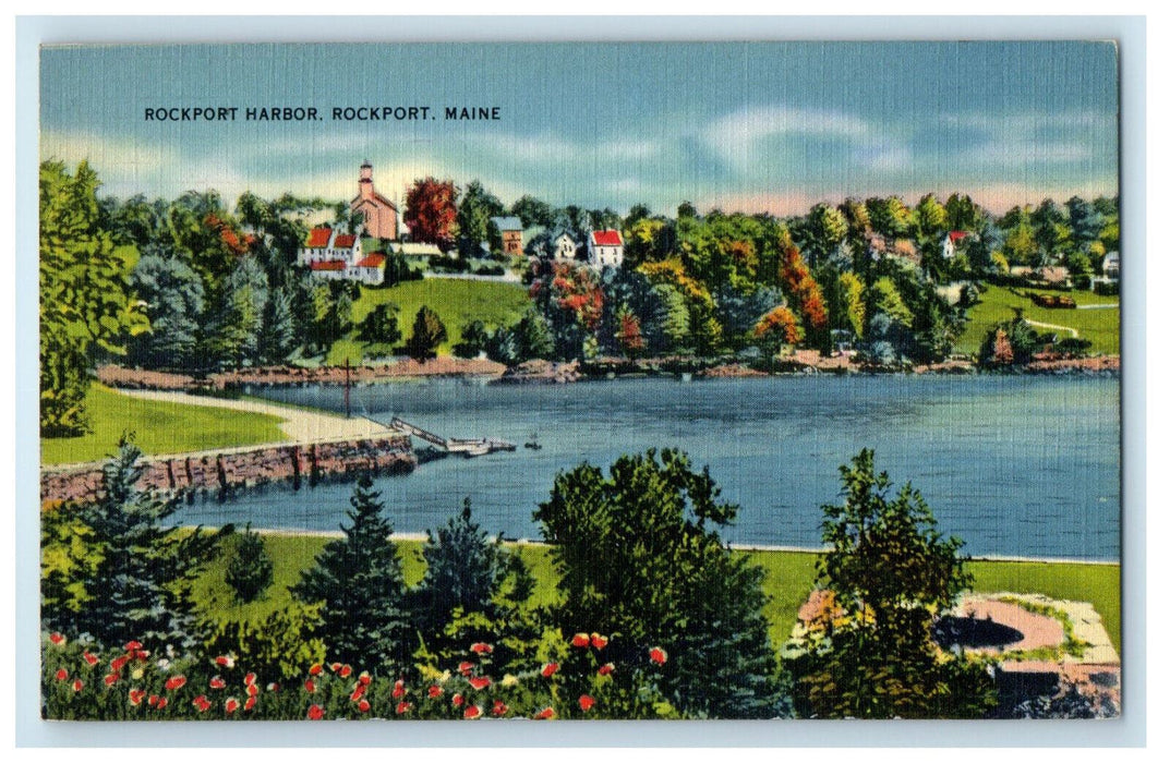 c1940's Trees Flowers Houses Church, Rockport Harbor, Rockport Maine ME Postcard