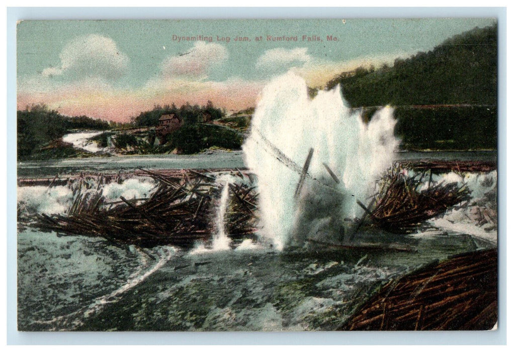 1907 Dynamiting Log Jam at Rumford Falls Maine ME Wakefield MA Postcard