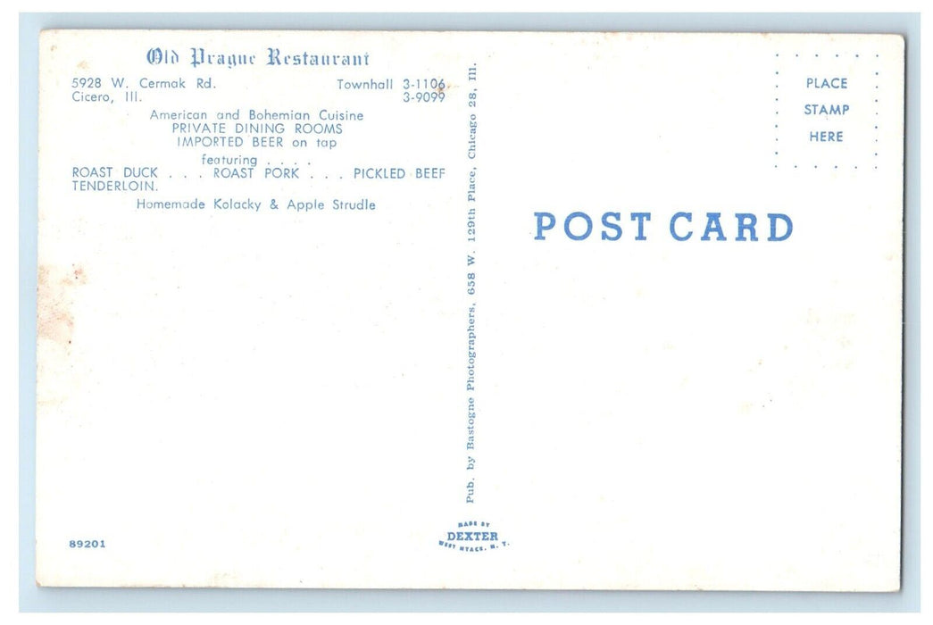 c1950's Old Prague Restaurant And Dining Room Clock Cicero Illinois IL Postcard