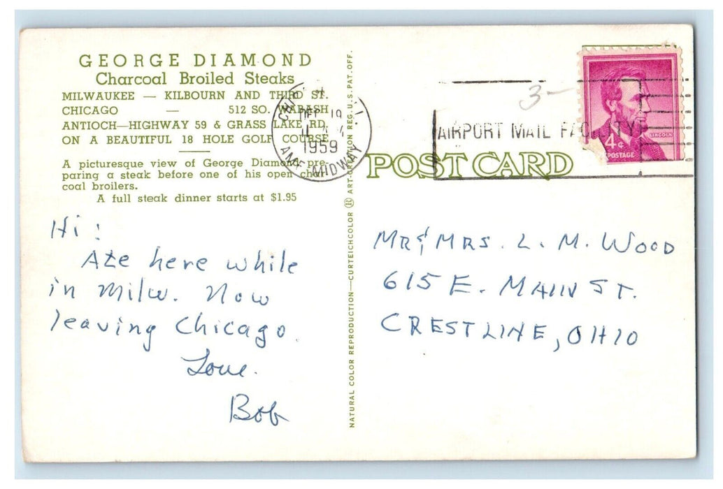 George Diamond Charcoal Broiled Steaks Chef Cooking Chicago Illinois IL Postcard