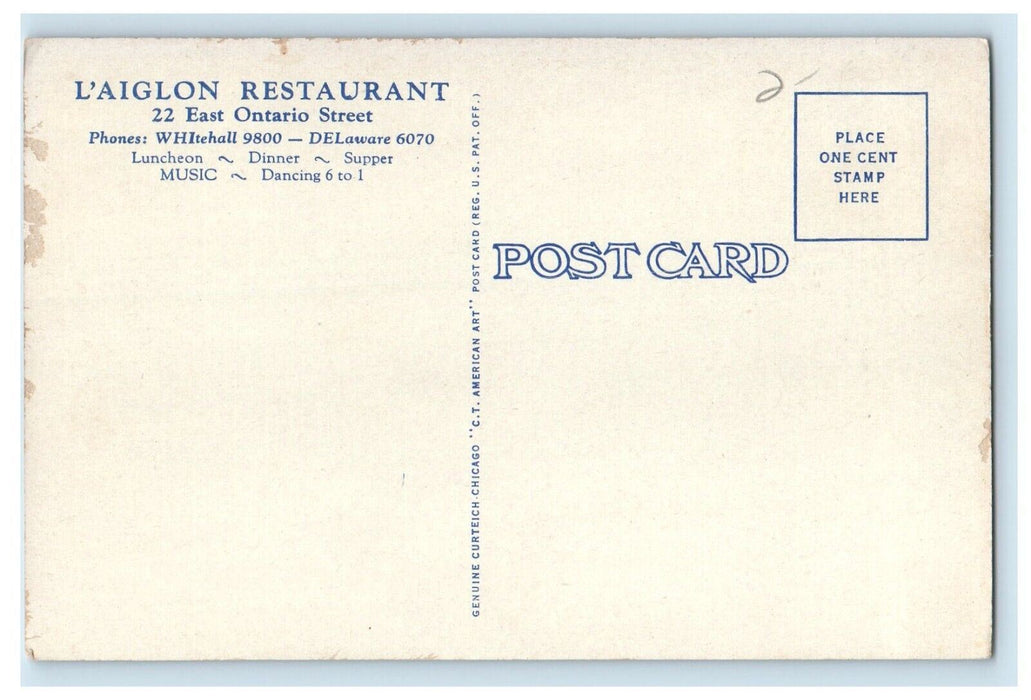 c1930's L'Aiglon Restaurant 22 East Ontario Street Chicago IL Vintage Postcard