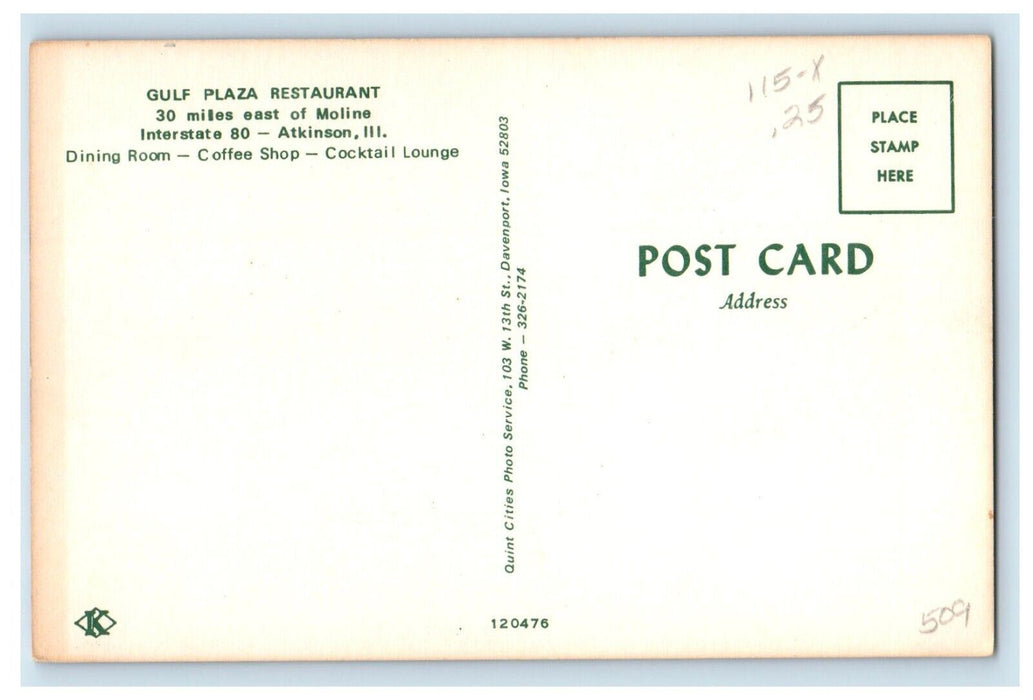 Gulf Plaza Restaurant Dining Room Coffee Shop Atkinson Illinois IL Postcard