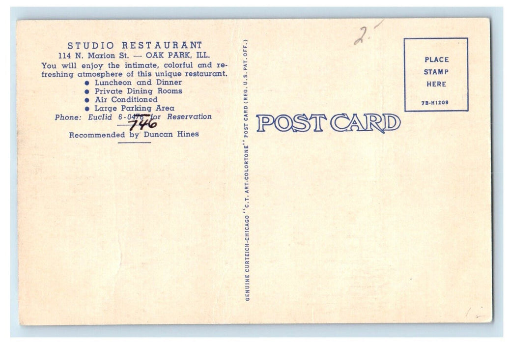 c1940's Studio Restaurant Dining Room Oak Park Illinois IL Vintage Postcard
