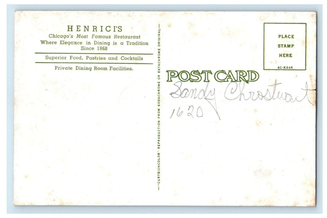 Henrici's Chicago's Famous Elegant Restaurant Dining Room Chicago IL Postcard