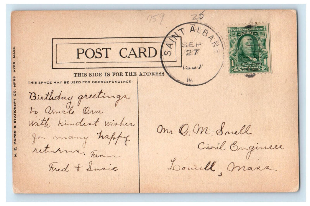 1907 Big Indian Pond St. Albans Maine ME Antique Posted SB Prescott Postcard