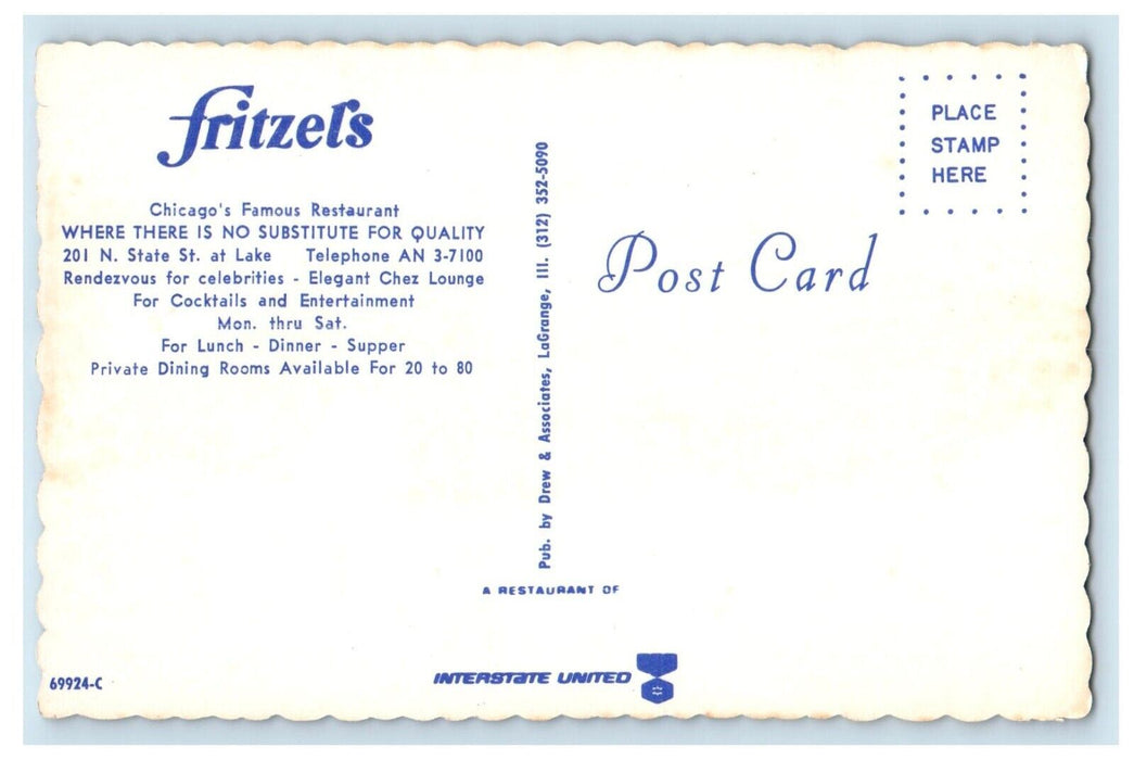 Fritzel's Chicago's Famous Restaurant Dining Room Chicago IL, Multiview Postcard