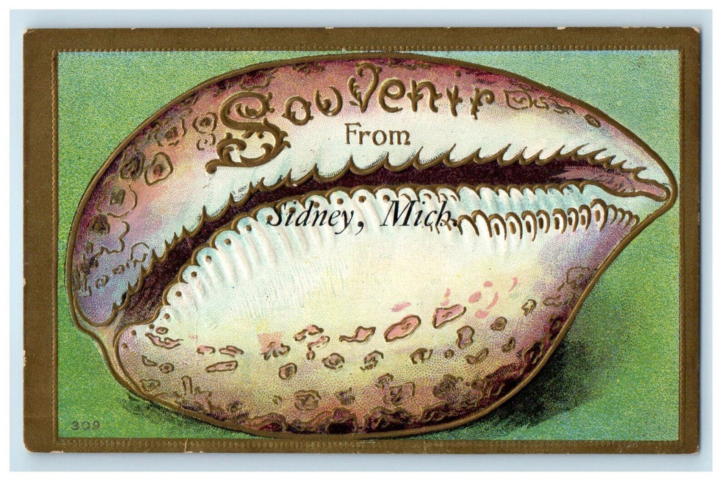 c1910 Exaggerated Shell, Souvenir from Sidney Michigan MI Embossed Postcard