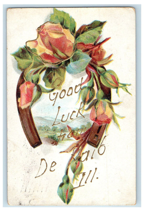 1908 Red Flowers, Leaves, Good Luck From De Kalb Illinois IL Antique Postcard