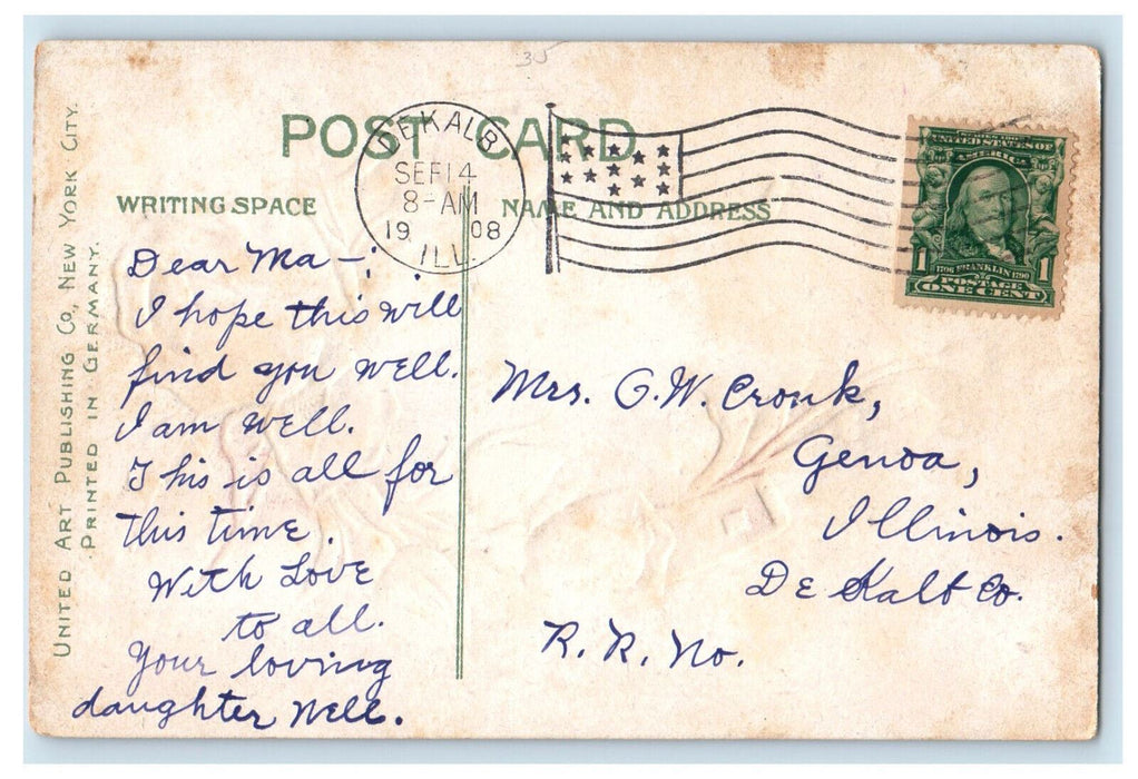 1908 Red Flowers, Leaves, Good Luck From De Kalb Illinois IL Antique Postcard