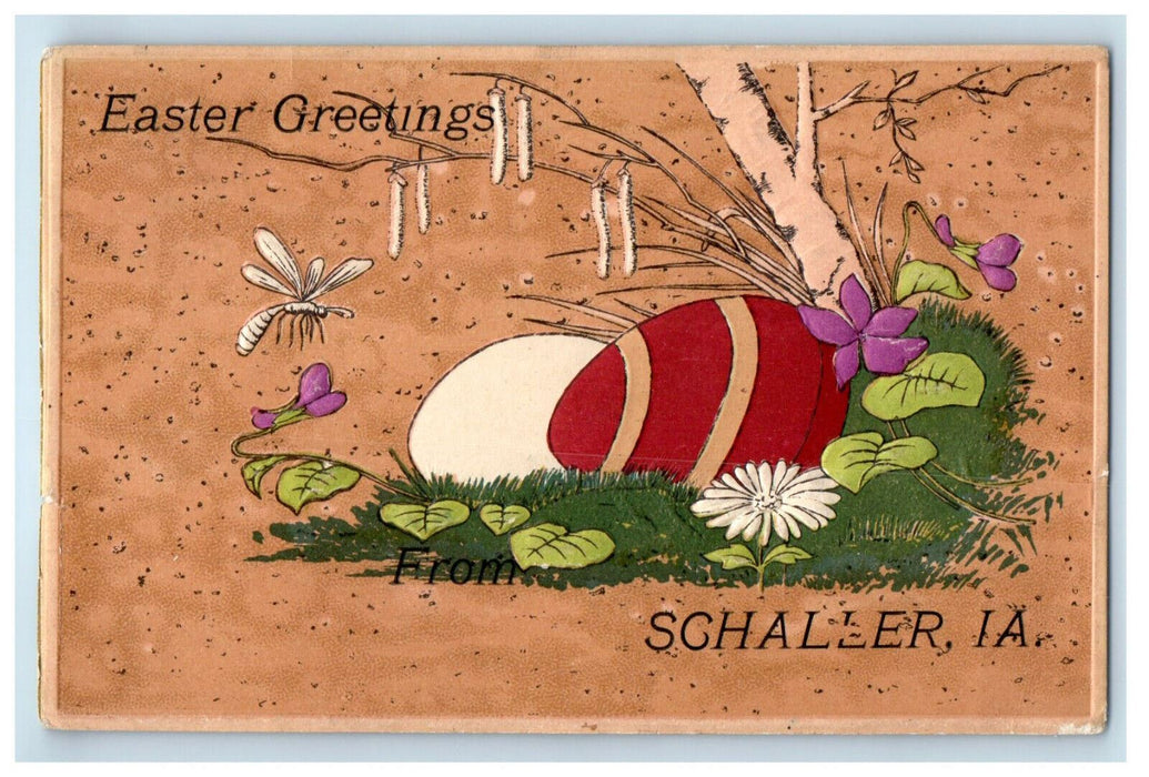 1913 Eggs, Bee, Flower, Tree, Easter Greetings from Schaller Iowa IA Postcard