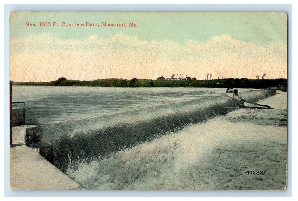 c1910 Waterfalls New 1000 Ft. Concrete Dam Shawmut Maine ME Antique Postcard