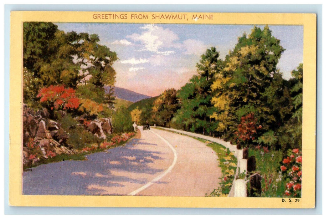 c1940's Car, Road Scene, Greetings from Shawmut Maine ME Vintage Postcard
