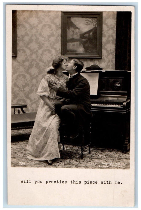 1906 McCrum "Will You Practice This Piece With Me" Kissing RPPC Photo Postcard