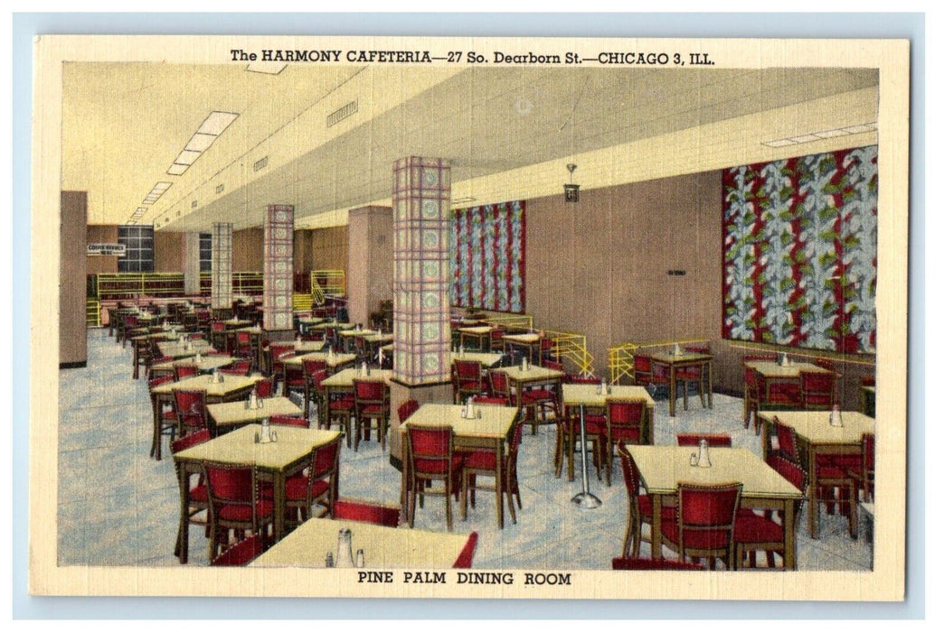The Harmony Cafeteria Pine Palm Dining Room Chicago Illinois IL Vintage Postcard