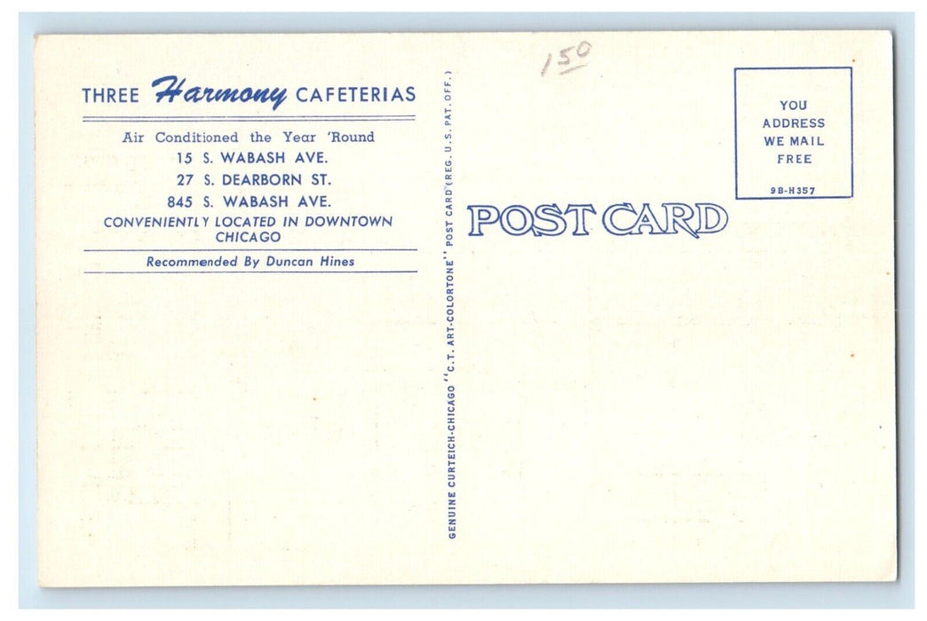 The Harmony Cafeteria Pine Palm Dining Room Chicago Illinois IL Vintage Postcard