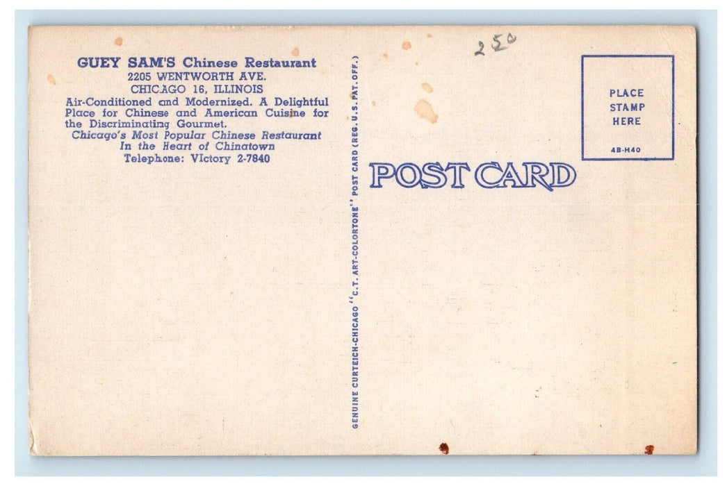 Guey Sam's Chinese Restaurant Dining Room Chicago Illinois IL Vintage Postcard