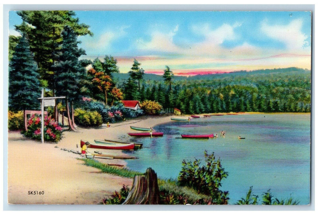 c1950's Bathing Beach, Boats, at Limekiln Lake Central Adirondack Mtn Postcard