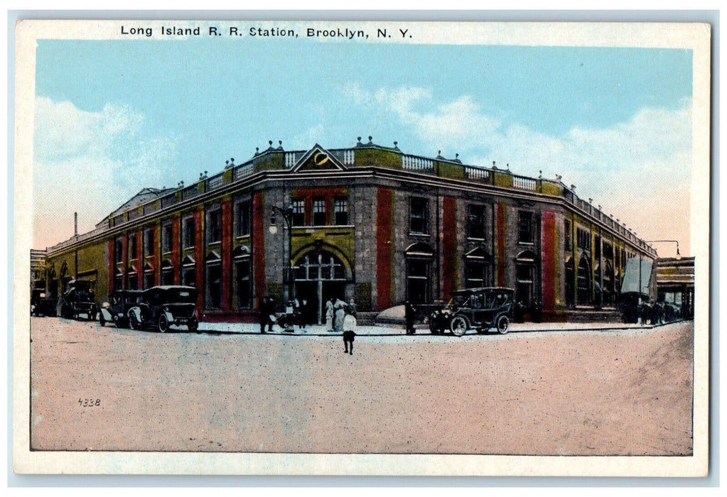 c1920's Car Scene, Entrance to Long Island Railroad Station Brooklyn NY Postcard