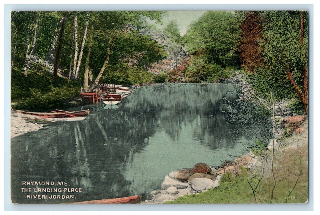 1913 Boats in The Landing Place, River Jordan Raymond ME Bryant Pond ME Postcard