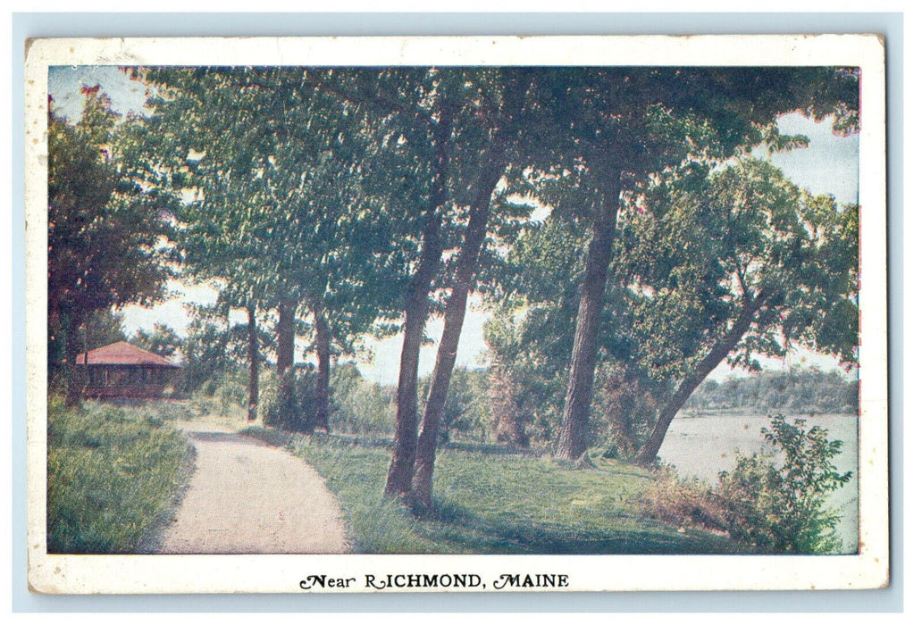 1923 Scene of Road, Trees, Band Stand, Near Richmond Maine ME Postcard
