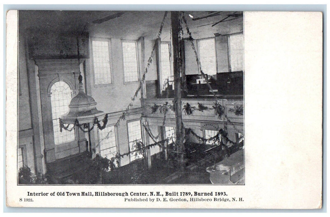 c1905's Interior Old Town Hall Hillsborough Center Burned New Hampshire Postcard