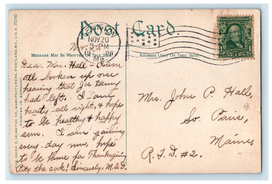 1908 A View Of Deer Park House Pond Togus Maine ME, Posted Antique Postcard