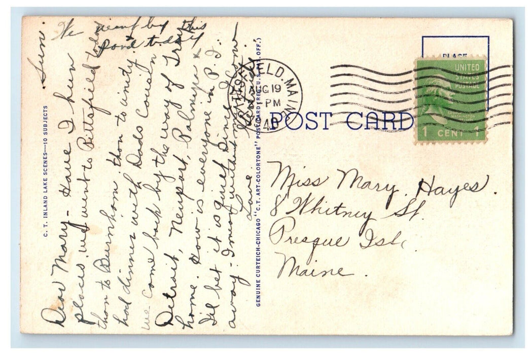 1940 Greetings From Unity Maine ME, Lovers Retreat Boat Sea View Postcard