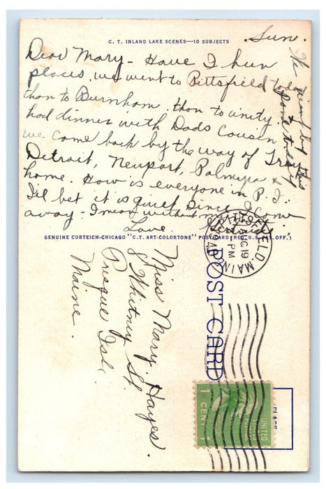 1940 Greetings From Unity Maine ME, Lovers Retreat Boat Sea View Postcard
