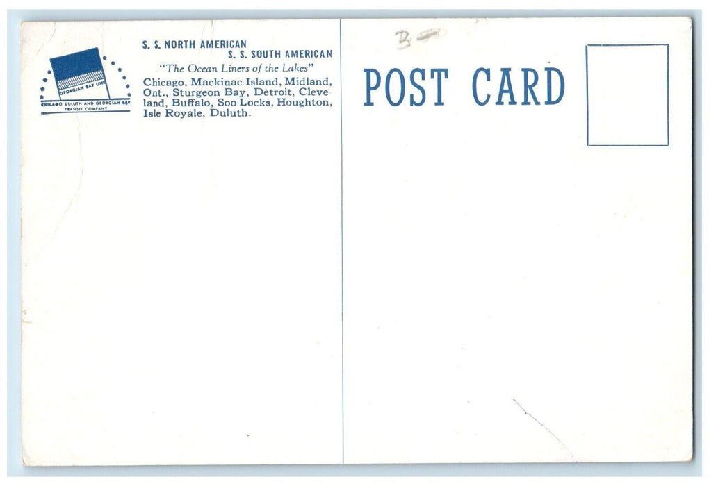 c1910's Steamer Ship S.S South American, The Ocean Liners Of The Lakes Postcard